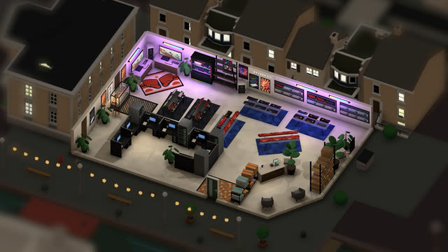 The keyboard shop lit up at night on a city street corner