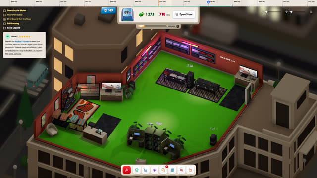 A large isometric shop with a green floor and full displays