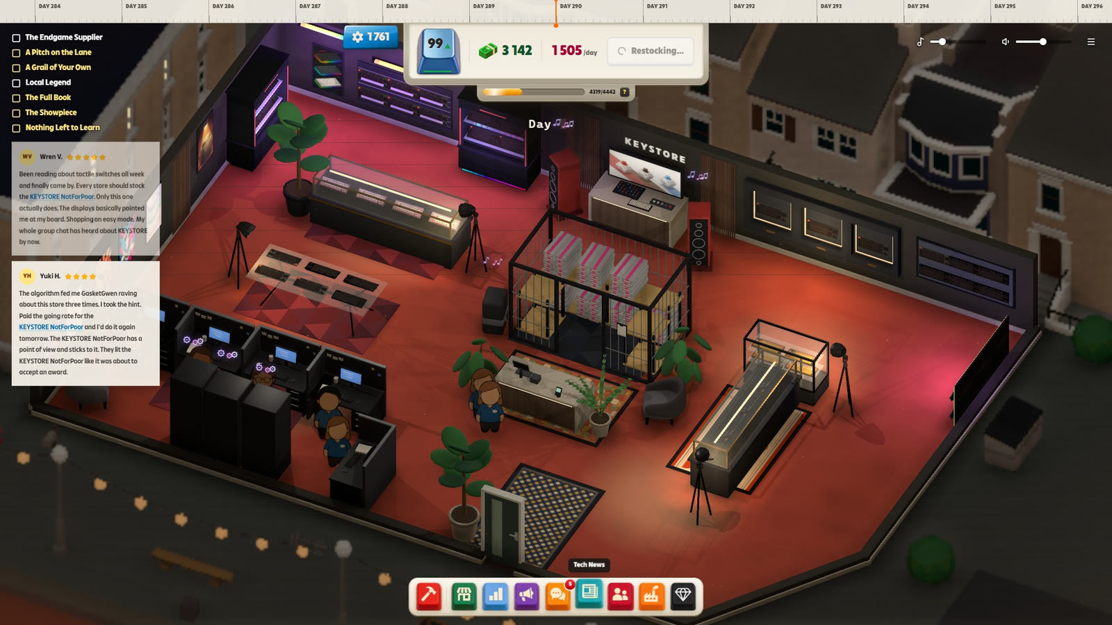 An isometric keyboard shop with a red floor and display tables