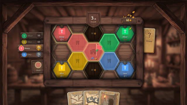 The Tavernia hex board with four players' coloured tiles and cards in hand