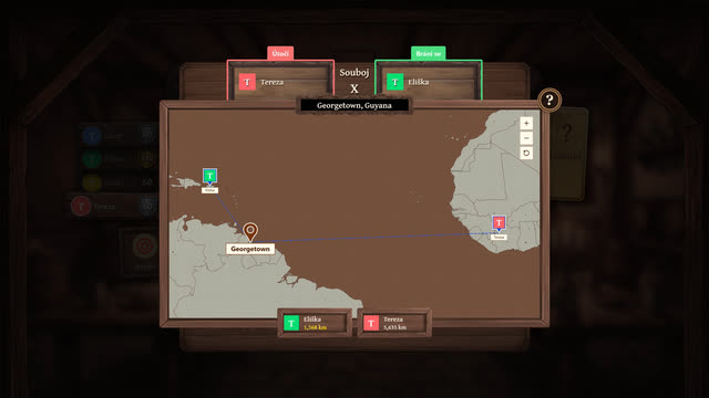 A map duel: two players' pins and their distances from Georgetown, Guyana