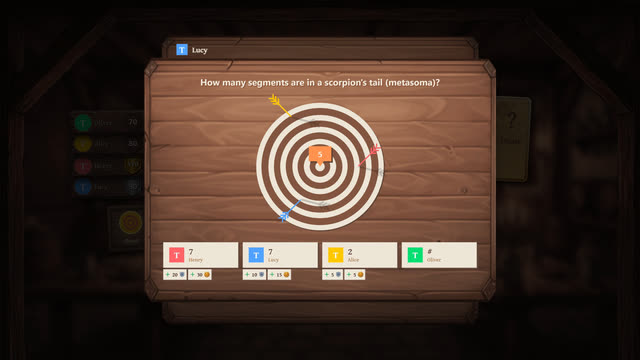 A number-guessing question with a dial and four players' answers
