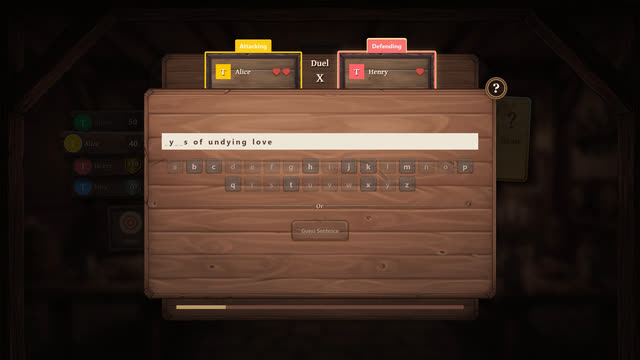 A word duel with a partially revealed phrase and a letter keyboard