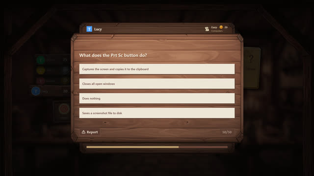 A trivia question asking what the Print Screen button does, with four answers
