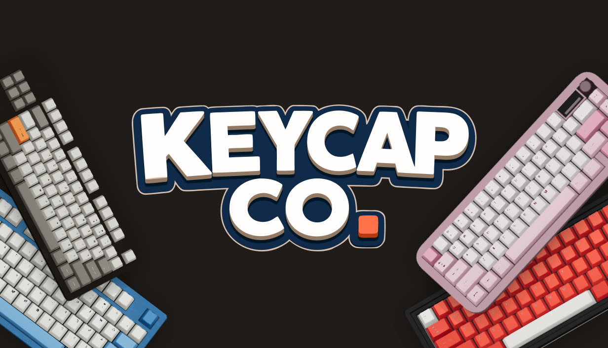 The Keycap Co. logo between colourful mechanical keyboards