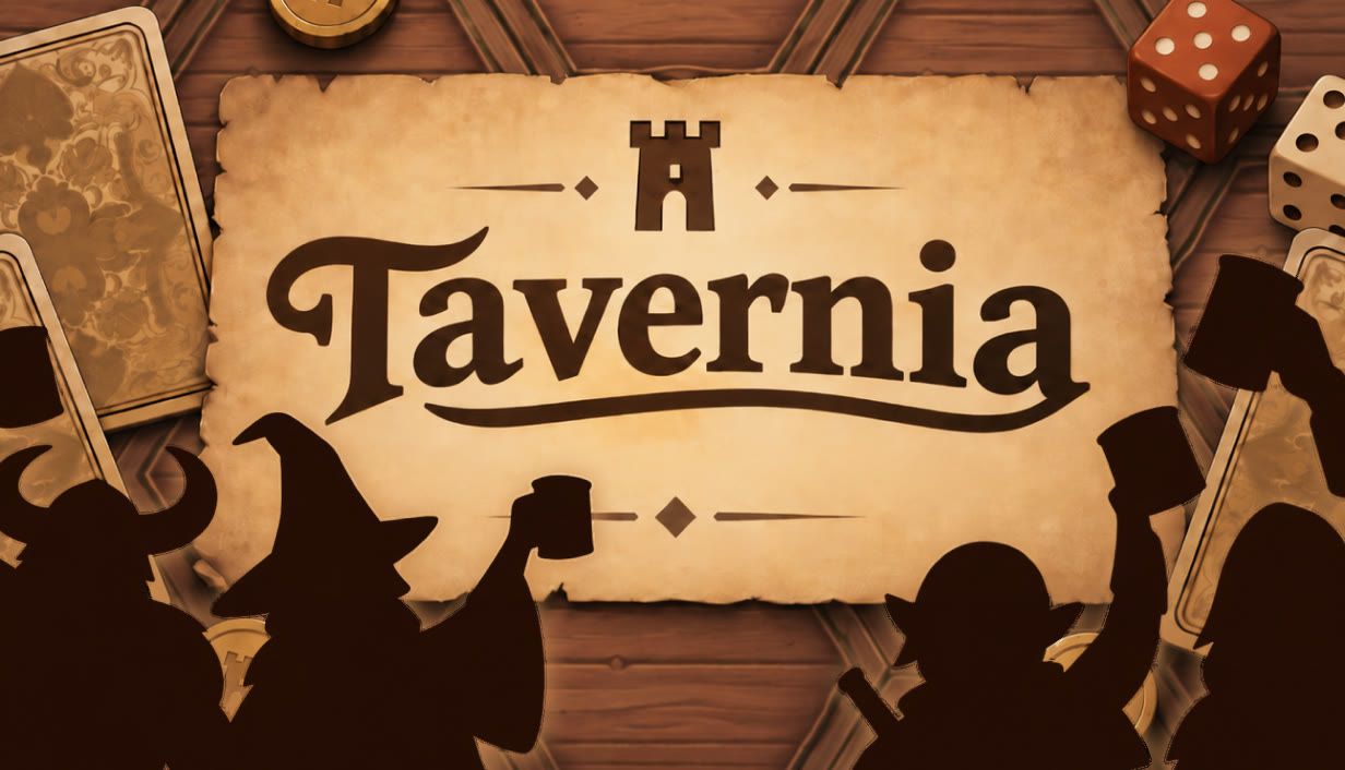 Tavernia logo on a parchment sheet in a tavern, with cards, dice and silhouetted patrons